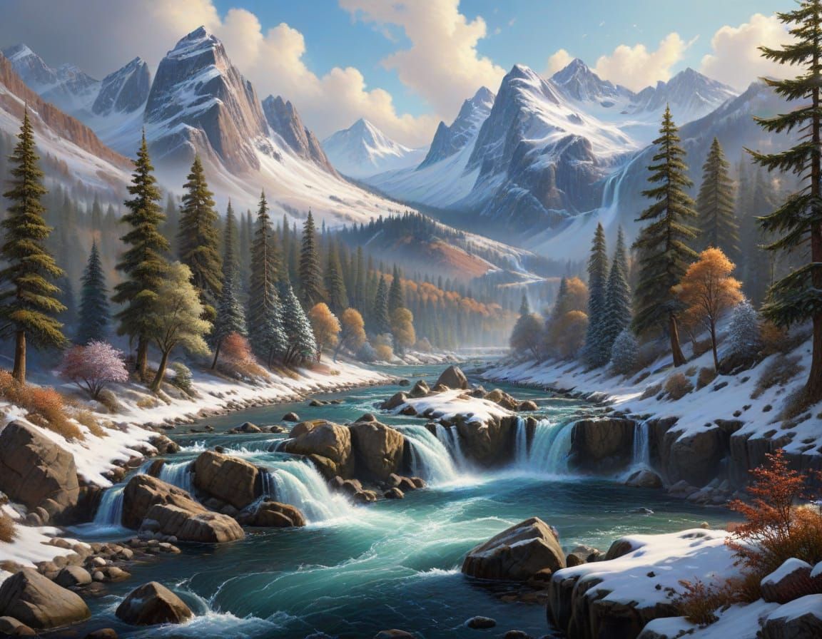 Photorealistic Snowy Mountain Landscape with Waterfall