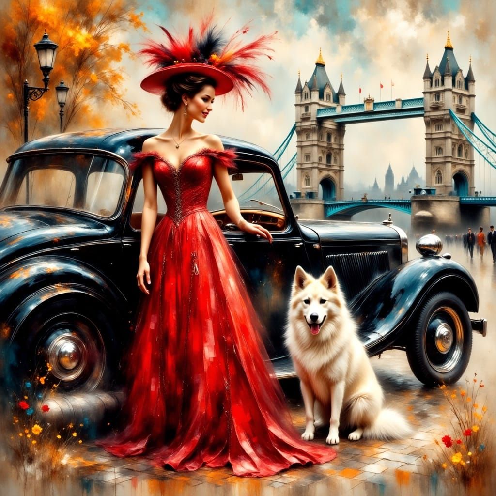 Woman in Red Dress with Car, Impressionist Style