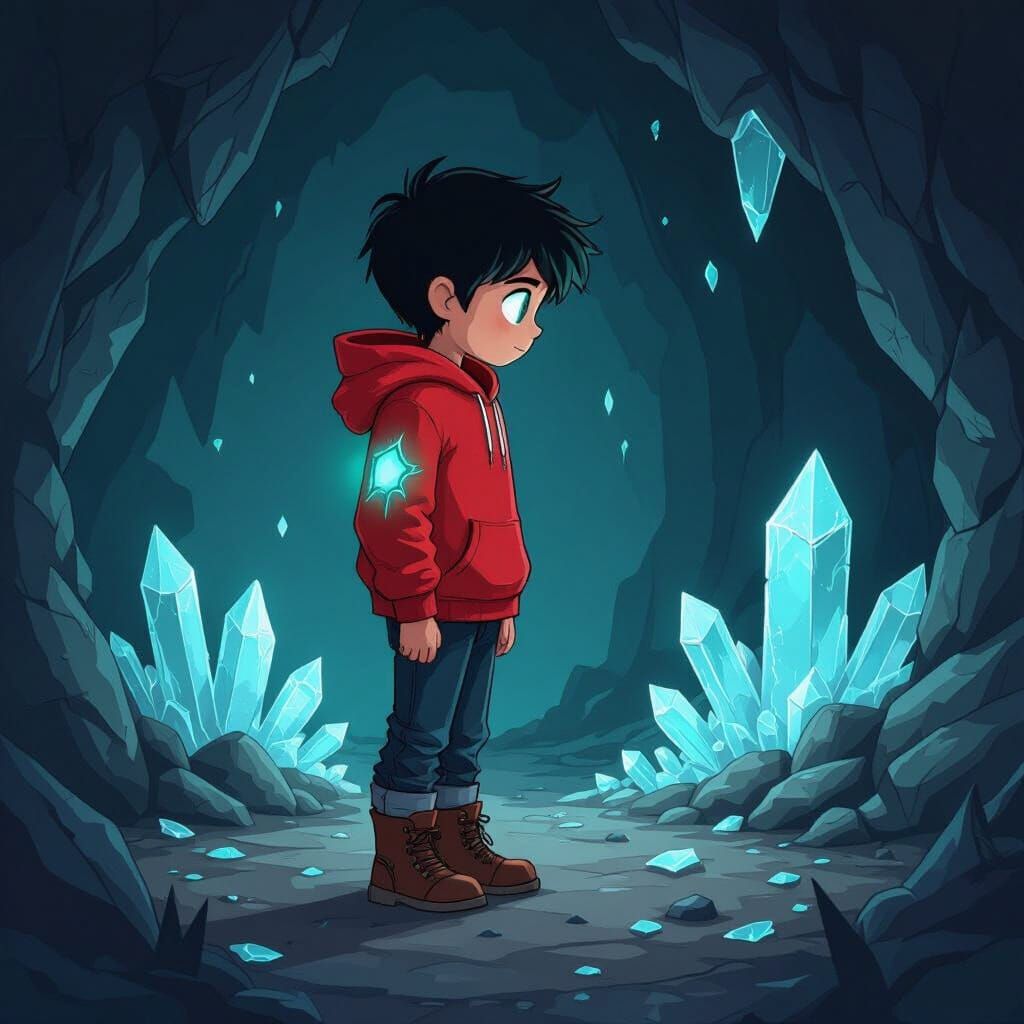 Boy in Glowing Hoodie in Dim Cave