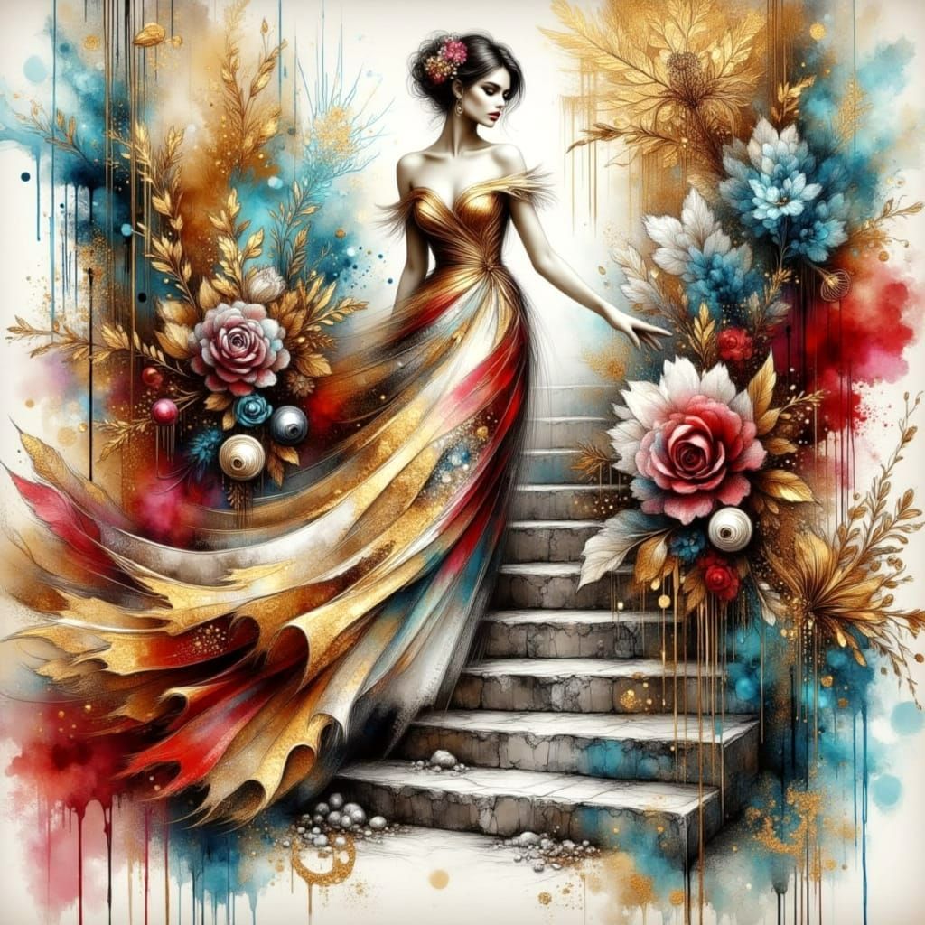 A Young Girl Ascends Uncertain Steps in a Vibrant, Mixed Med...