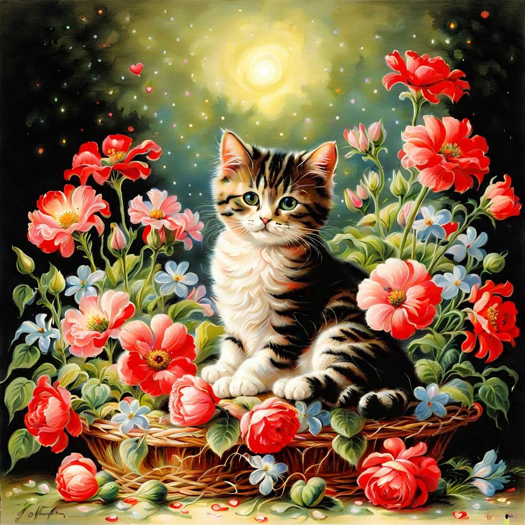 Surreal Cat Surrounded by Flowers