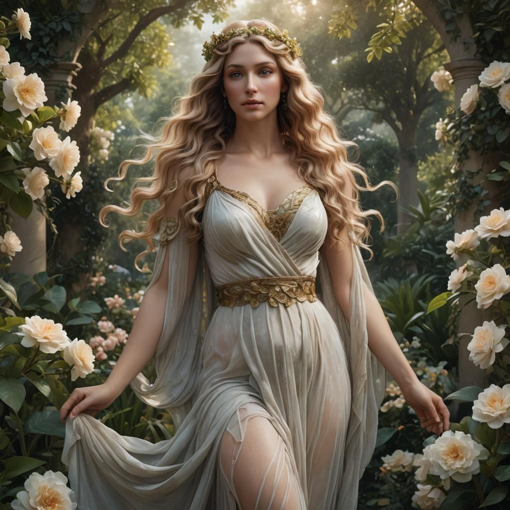 Hyper-realistic digital artwork. Medium shot of Aphrodite, t...