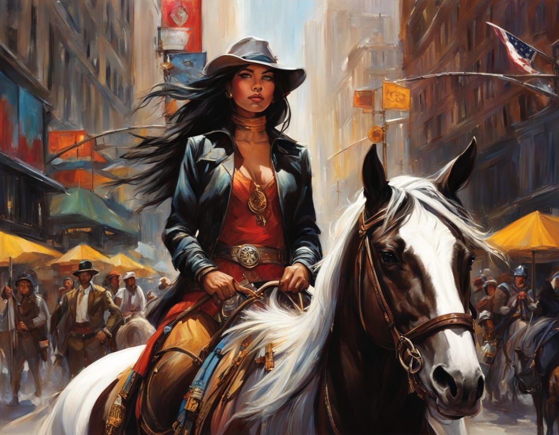 Urban Native Woman on Horseback in New York City