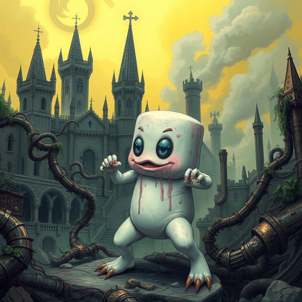 Marshmallow Creature Ready to Fight in Ruined City