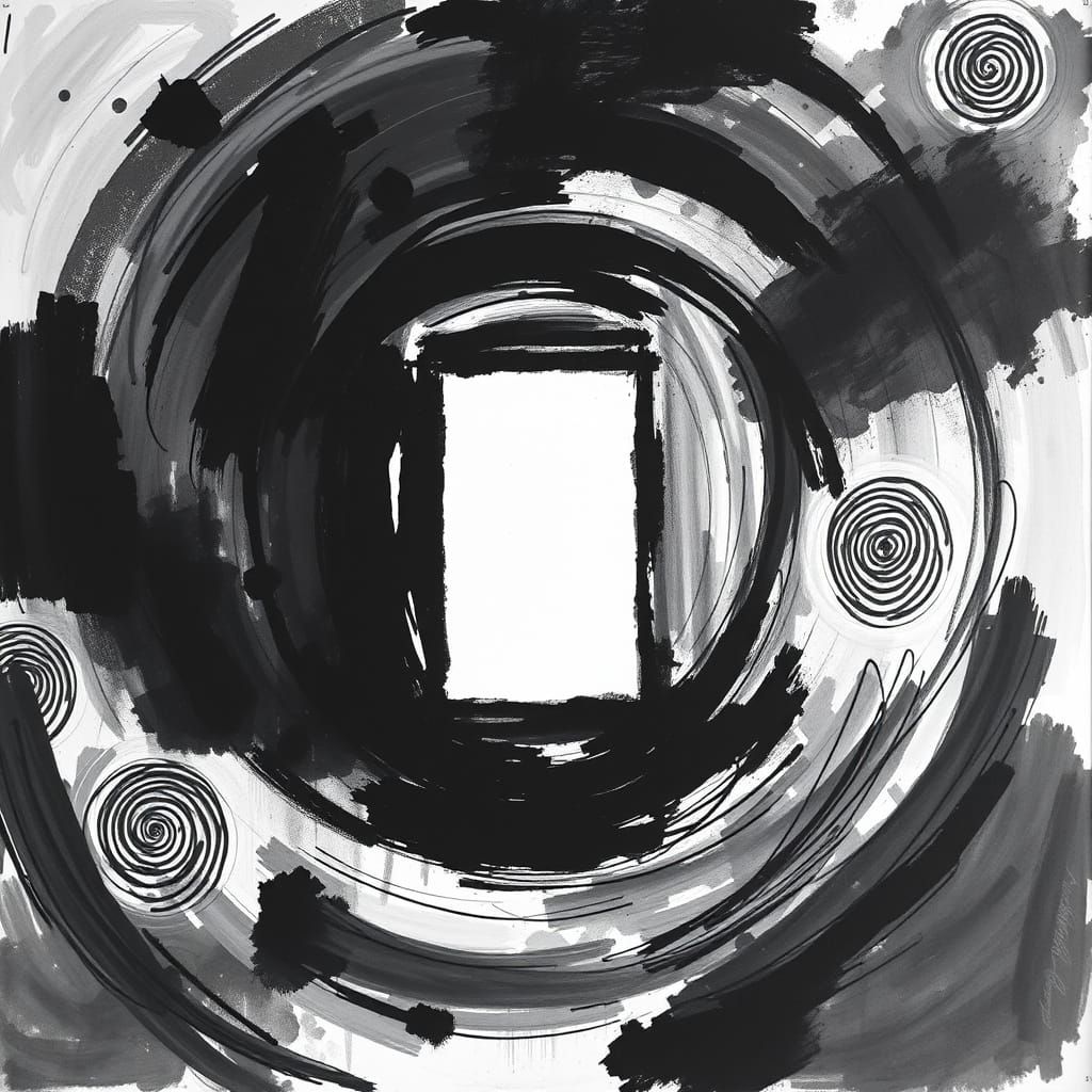 A monochrome abstract charcoal and ink piece — swirling mass...