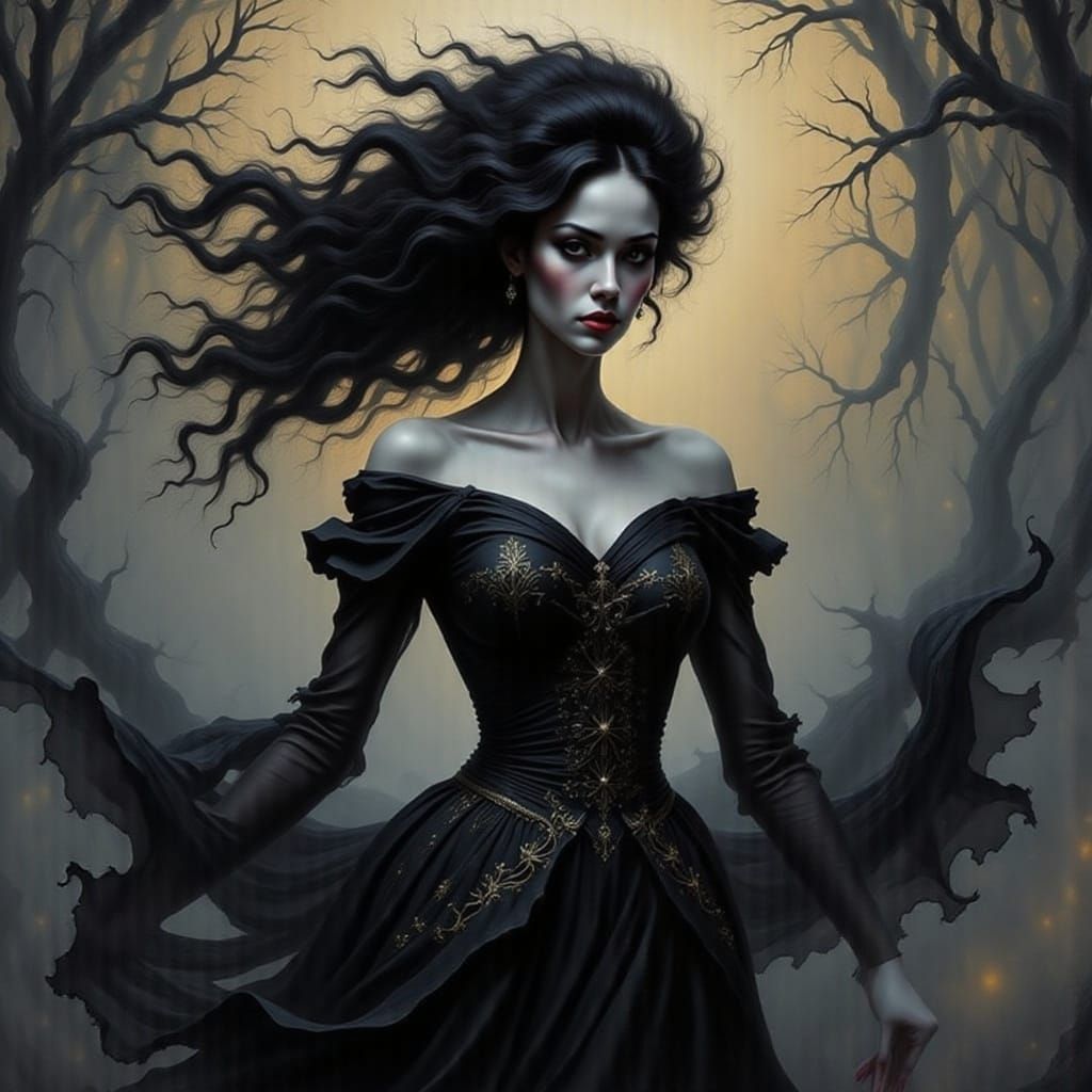 Elegant Woman in Flowing Dress: Black and White