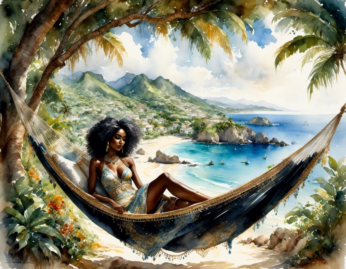 Caribbean Woman in Hammock, Watercolor Style