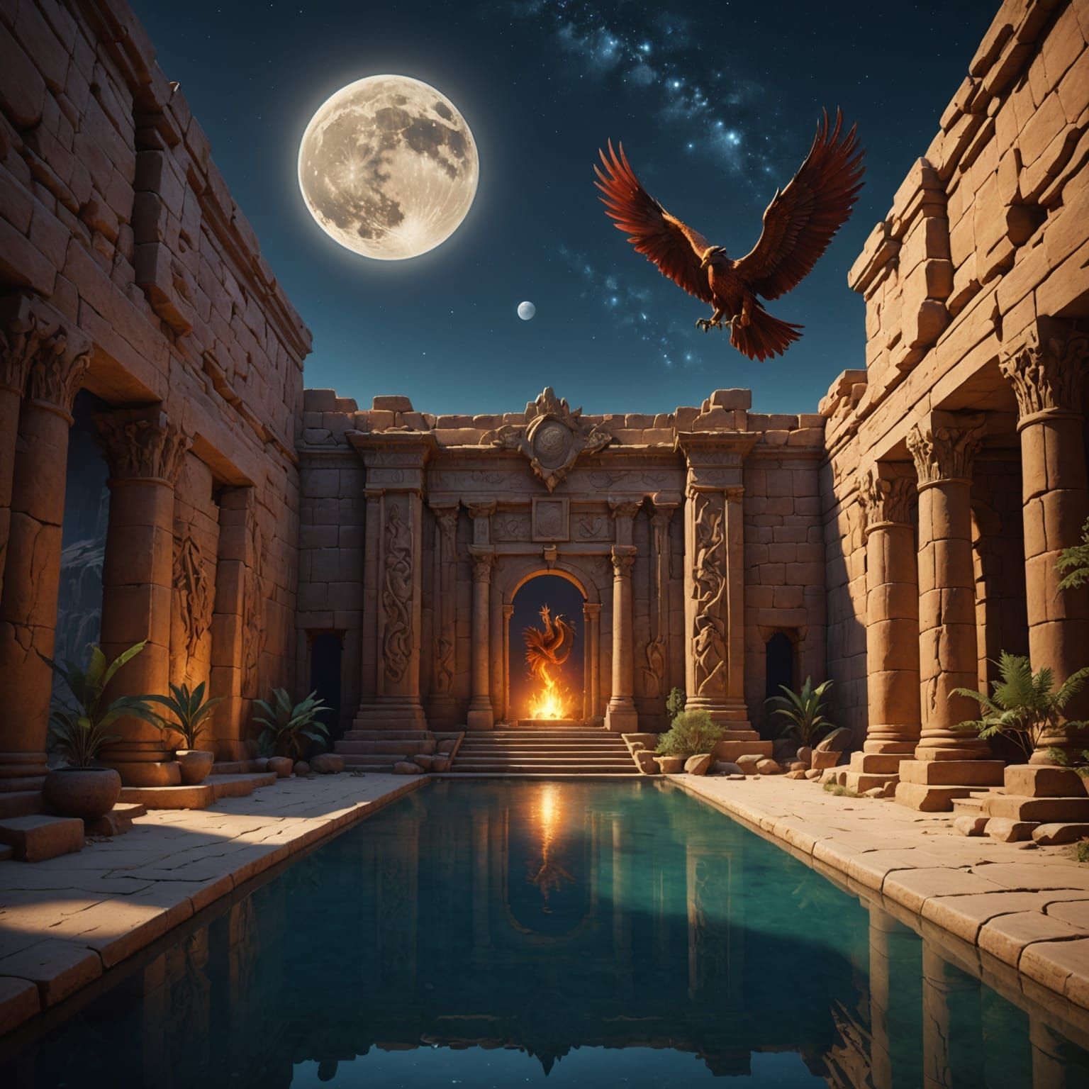 Moonlit Phoenix Bas-Relief: Fantasy Concept Art