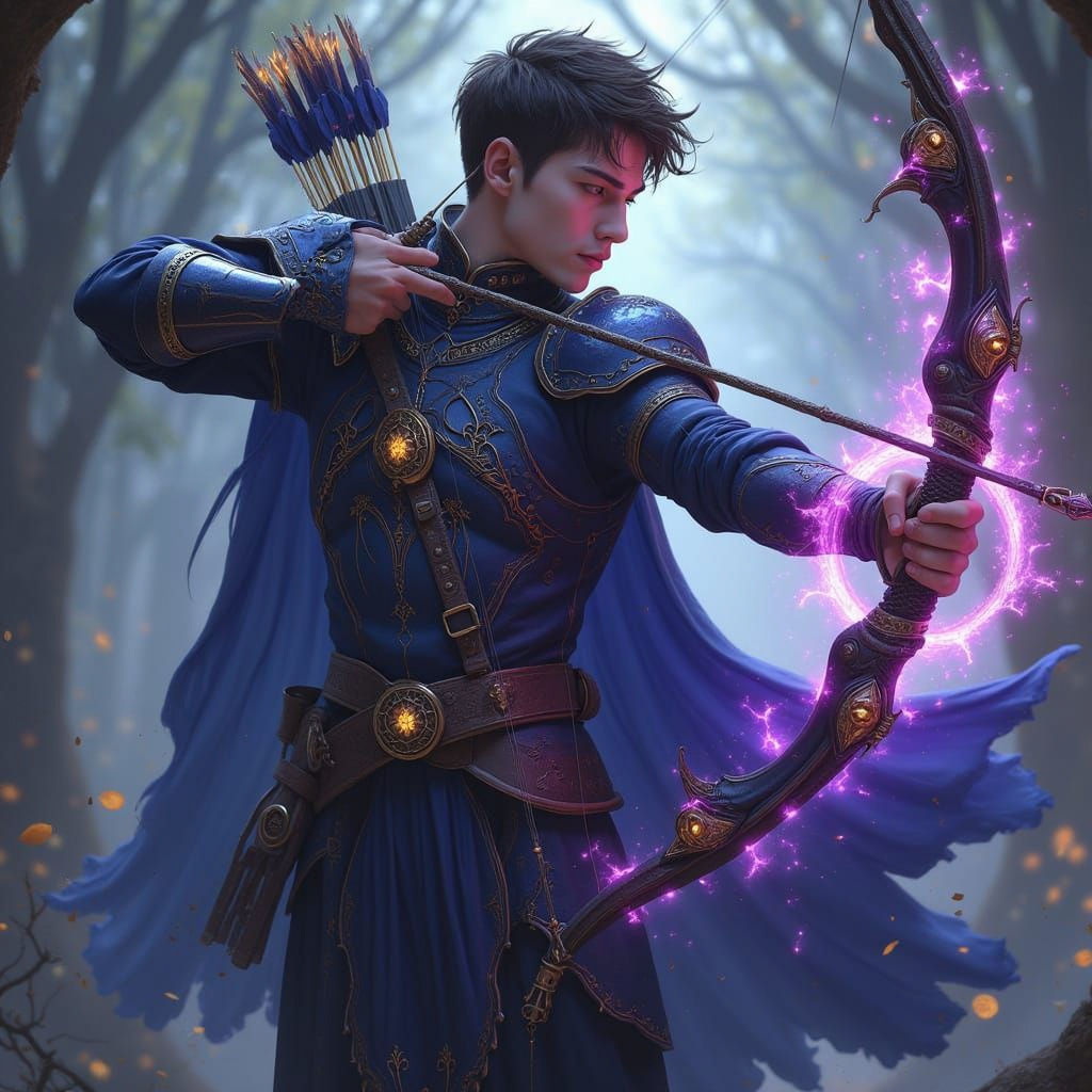 Dark Fantasy Archer in Blue Armor with Mystical Bow