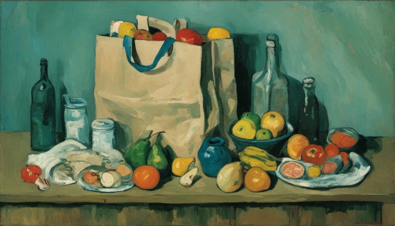 Groceries in Paper Bag: Blue Period Style