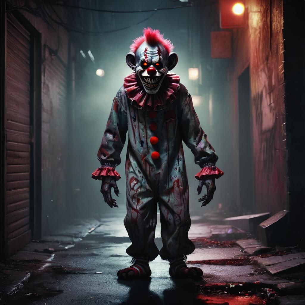 Grinning Zombie Monkey Clown in Gritty City Alley