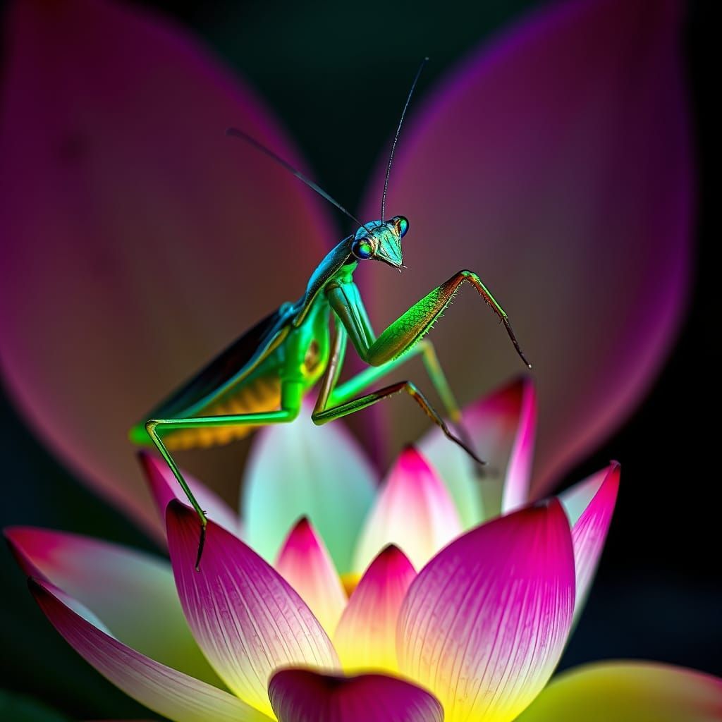 Bioluminescent Mantis on Cosmic Lotus, Hyperrealistic HDR