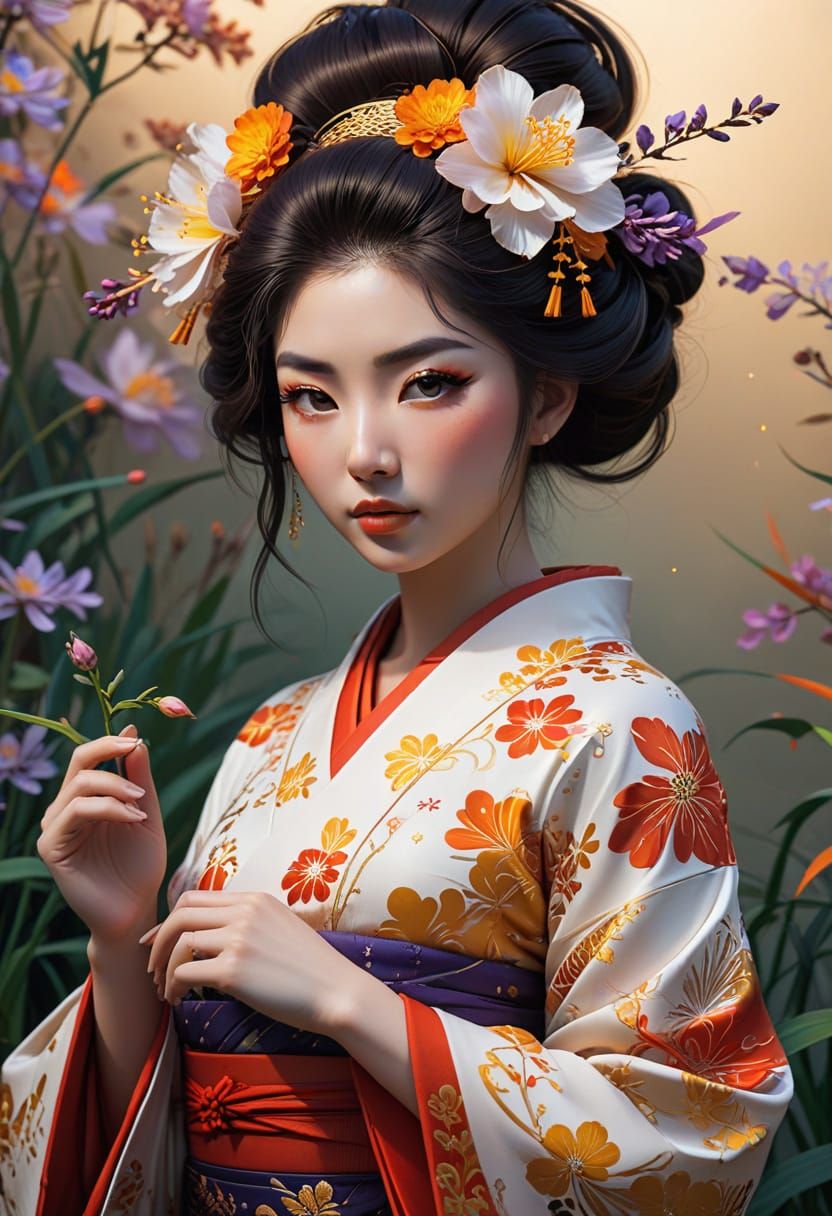 Elegant Geisha in Vibrant Anime Style