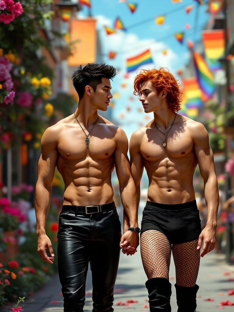 Gay Pride: Two Young Men in Vibrant Street Scene