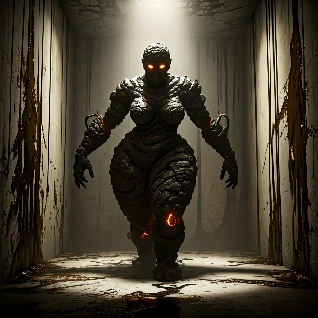 Surreal Golem Emerges from Dark Concrete Abyss