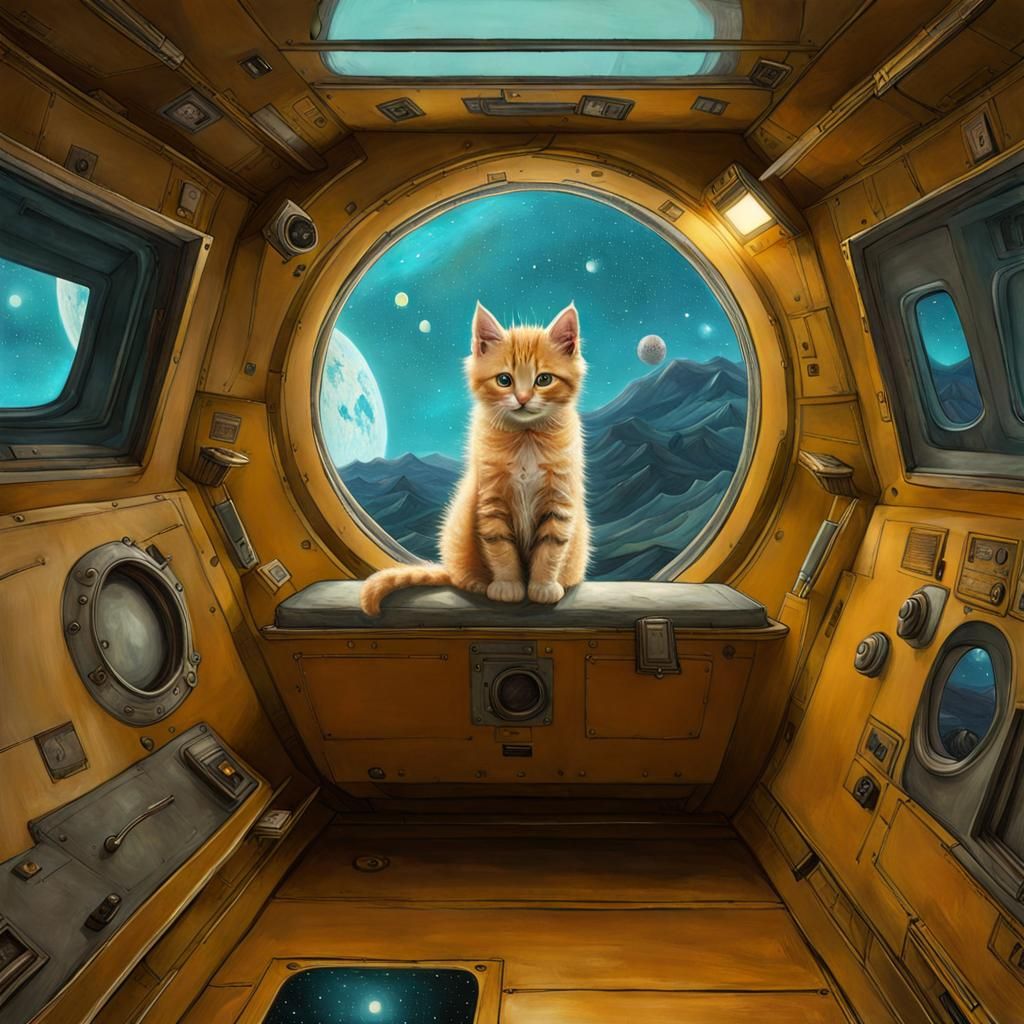Weightless Kitten in Spaceship, Hyperrealistic Art
