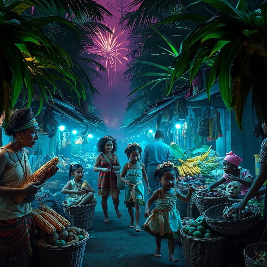Bustling Mayan Marketplace with Bioluminescent Jungle
