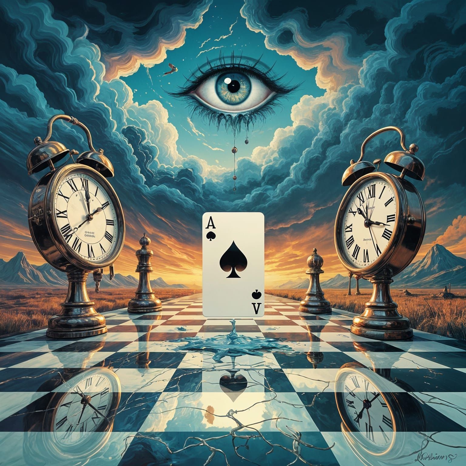 Surreal Melting Clocks on Chessboard Plain with Joker Eye