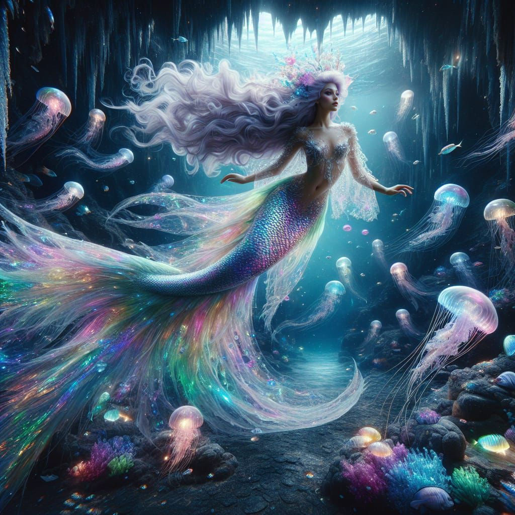 Ethereal Mermaid in Underwater Cave