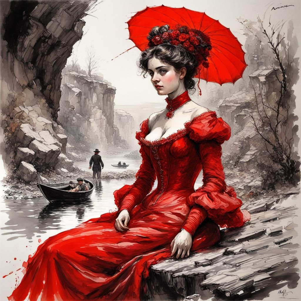 Victorian Era Italian Man with Woman in Red