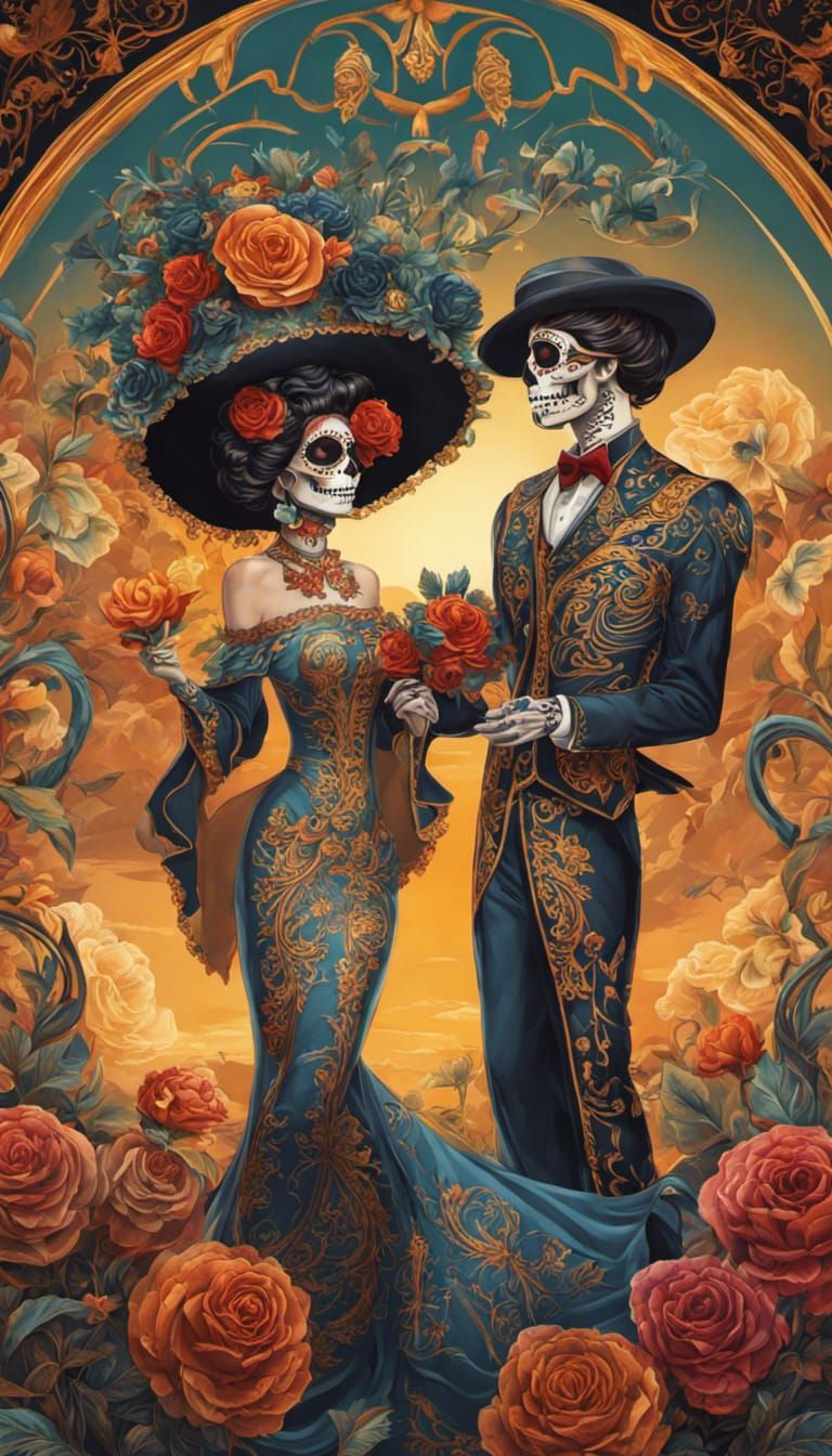 Art Nouveau Sugar Skull Couple in 8k