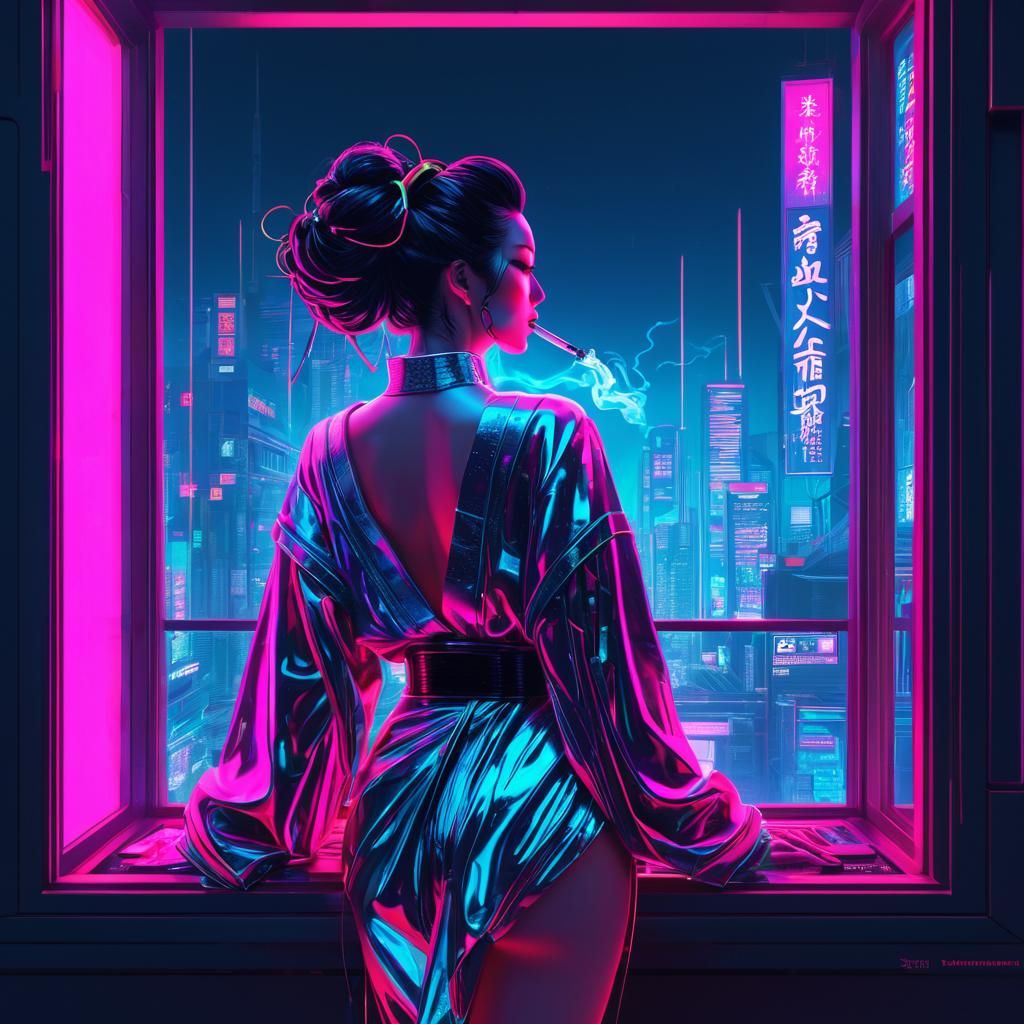 Cyberpunk Geisha Smoking Kiseru in Neon Cityscape