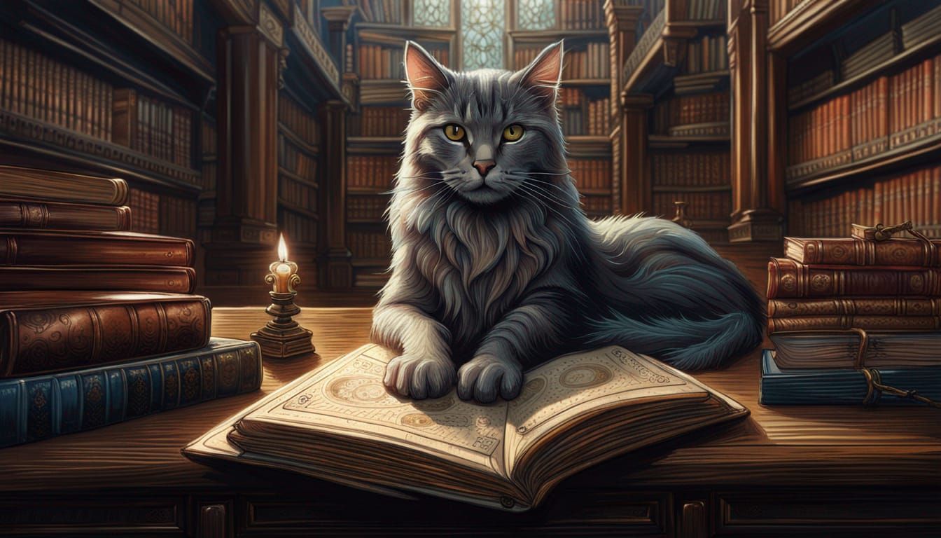 Cat with Grimoire in Library, Hyper-Realistic Style