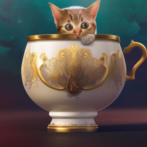 small cat sticking its head out from inside a porcelain cup with golden arabesques detailed matte painting, deep color, ...