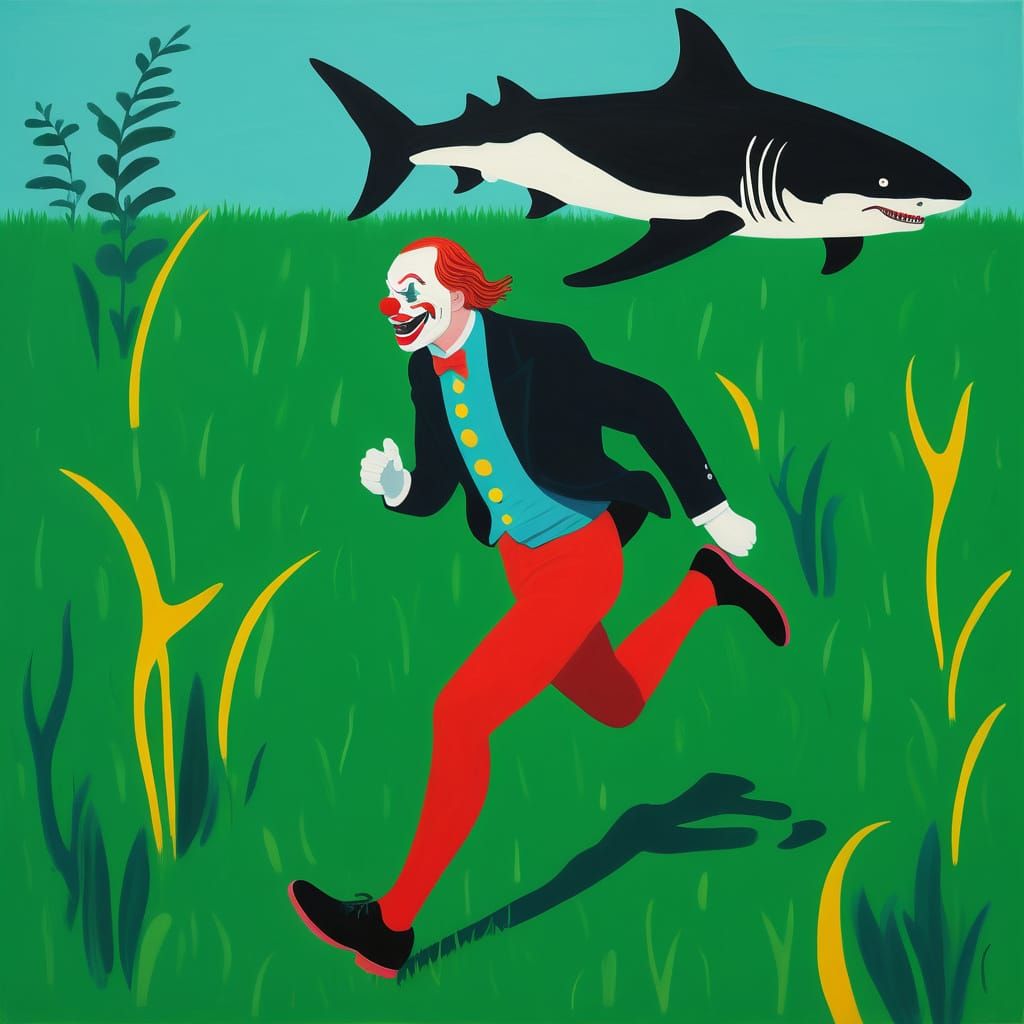 A Realistic Clown Flees a Yellow Tiger Shark on Green Grass