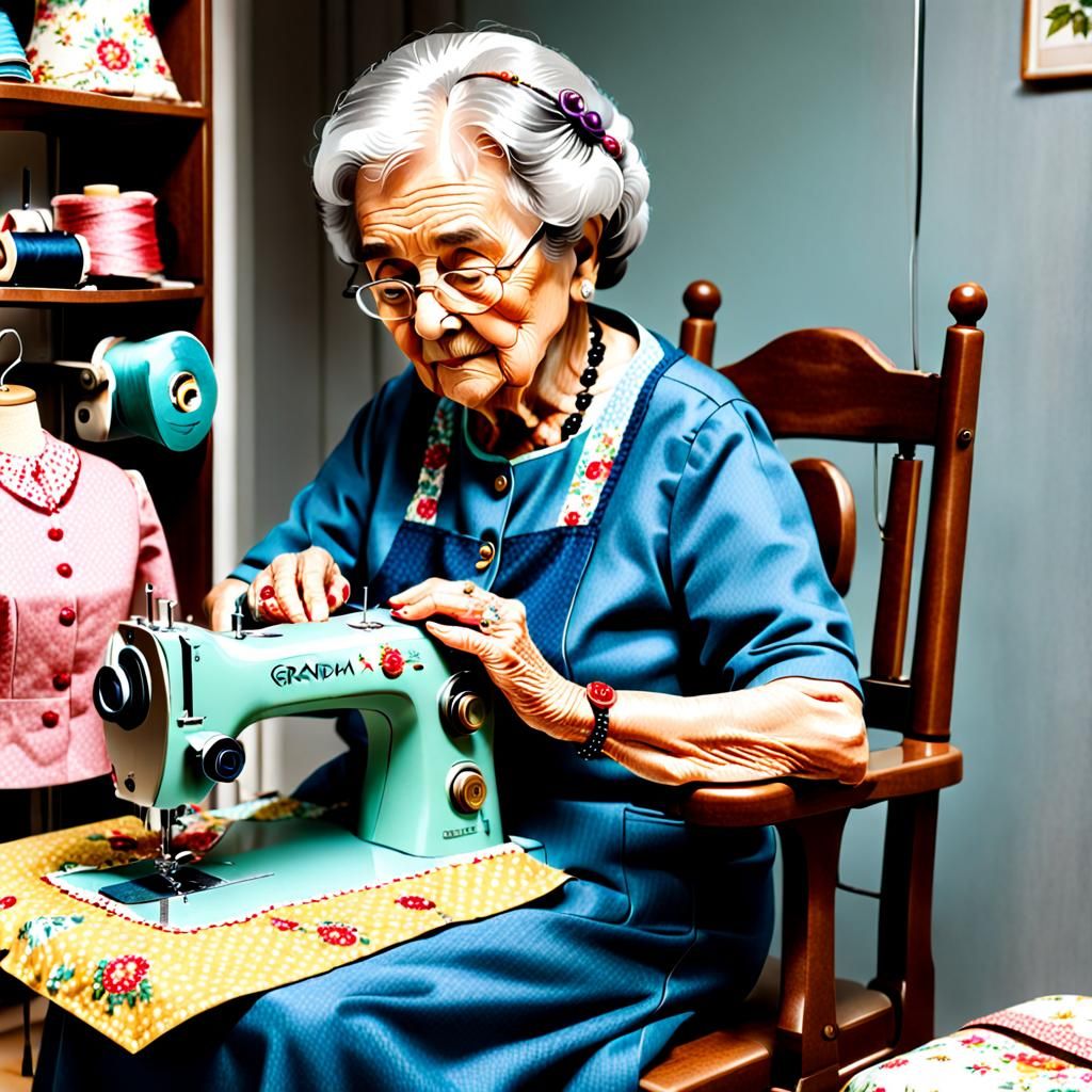 Intricately Designed Grandma at Sewing Machine