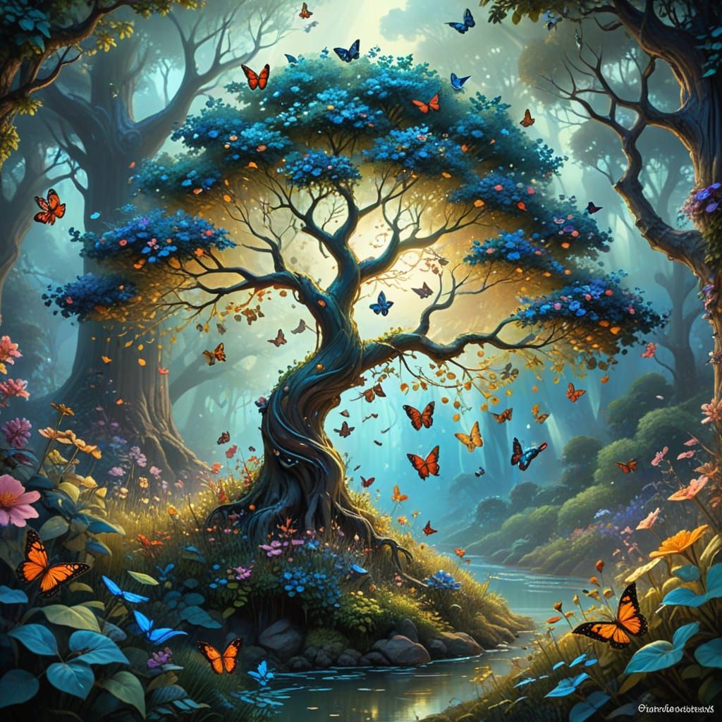 Ethereal Floral Forest Meets Arabesque Tree in Surreal Style