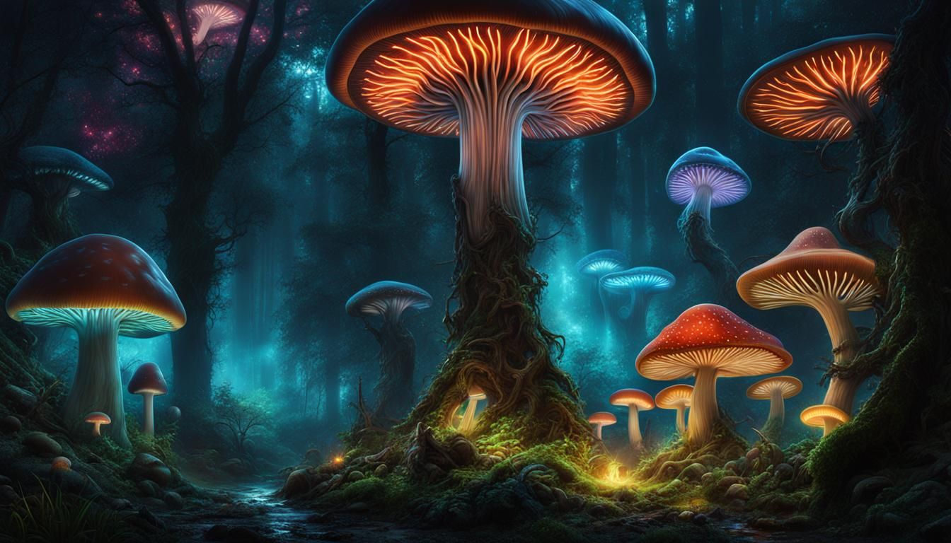 Bioluminescent Mushrooms in Dark Fantasy Landscape