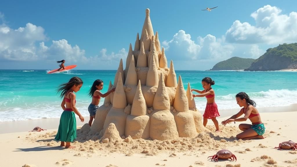 Anna and Maori Children Build Moana Sandcastle