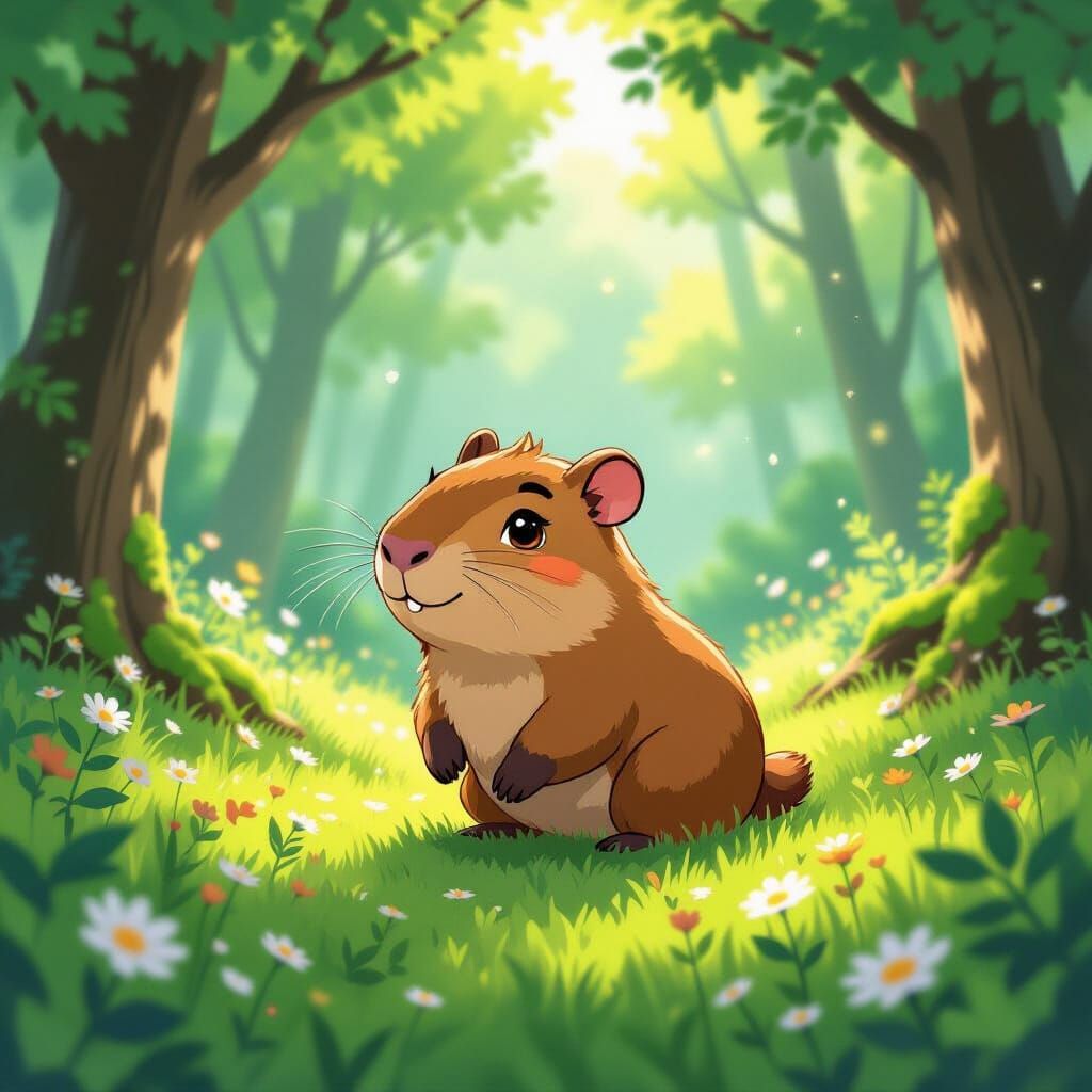 Adorable Capybara Frolics in Sun-Dappled Forest