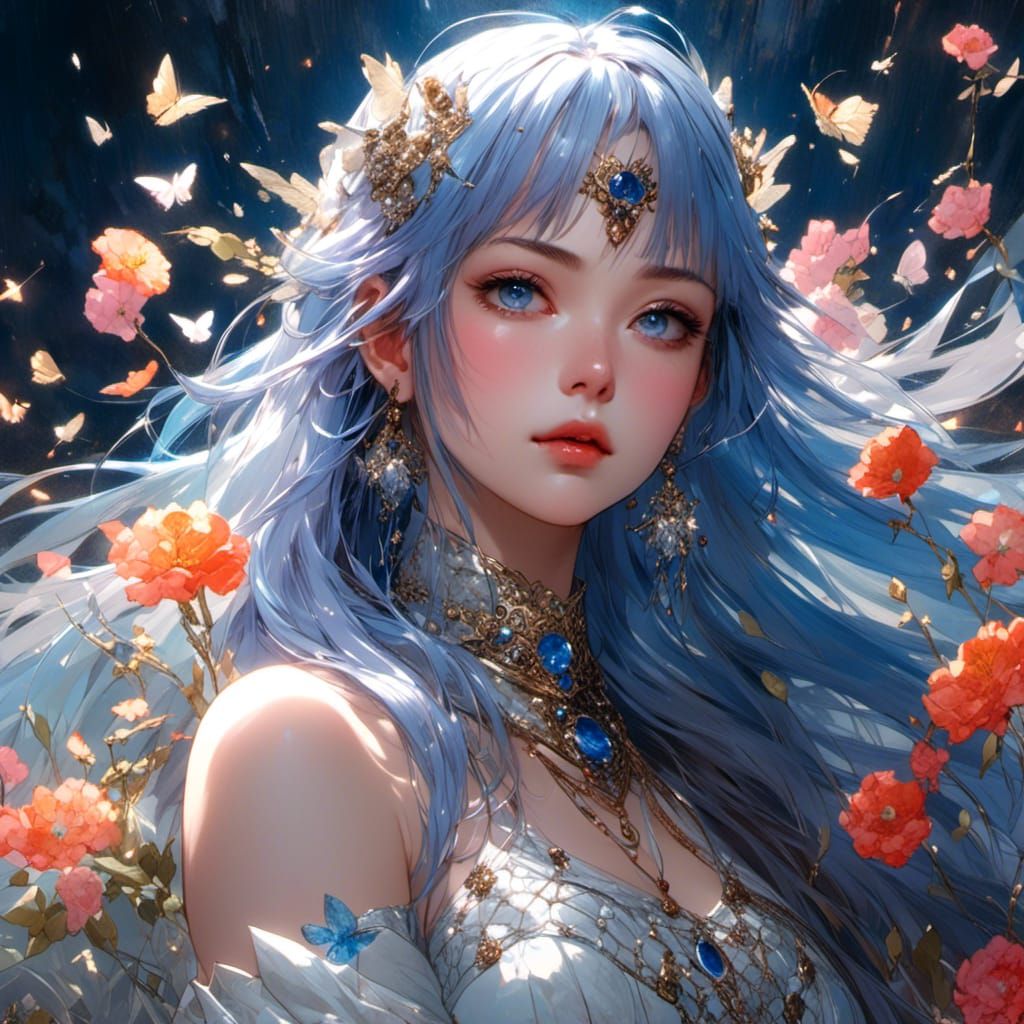 Beautiful Woman with Flowers: Watercolor Art