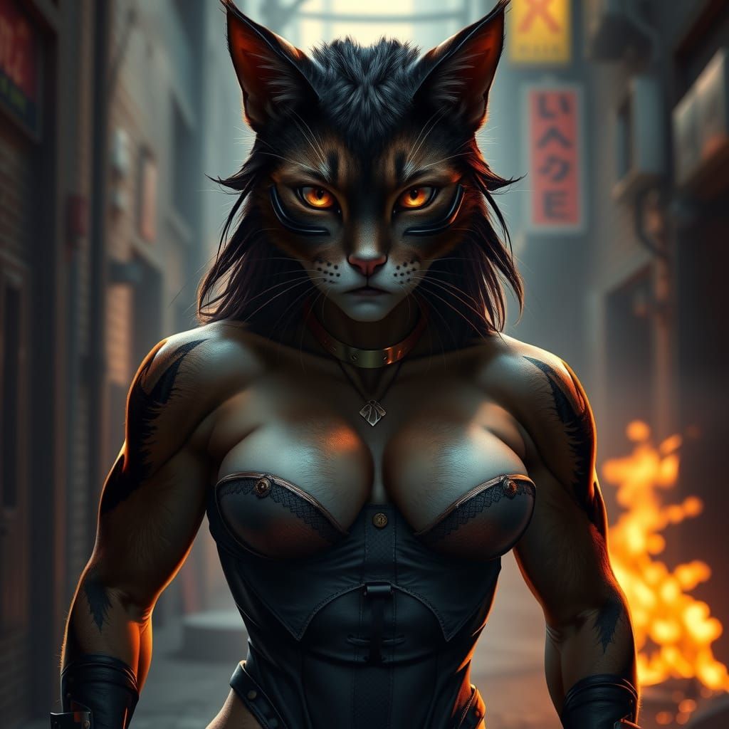 Confident Cat-Woman in Gritty Urban Environment