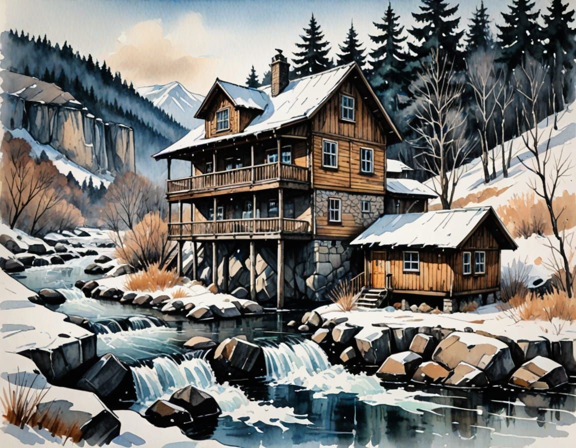 Winter Wooded Waterfront Scene in Watercolor Sketch