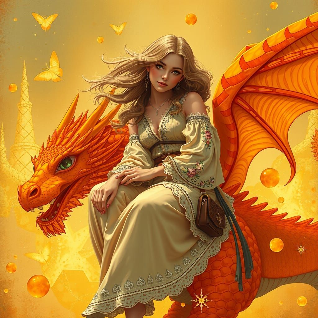 Bohemian Woman on Gummy Dragon, Art Nouveau Style