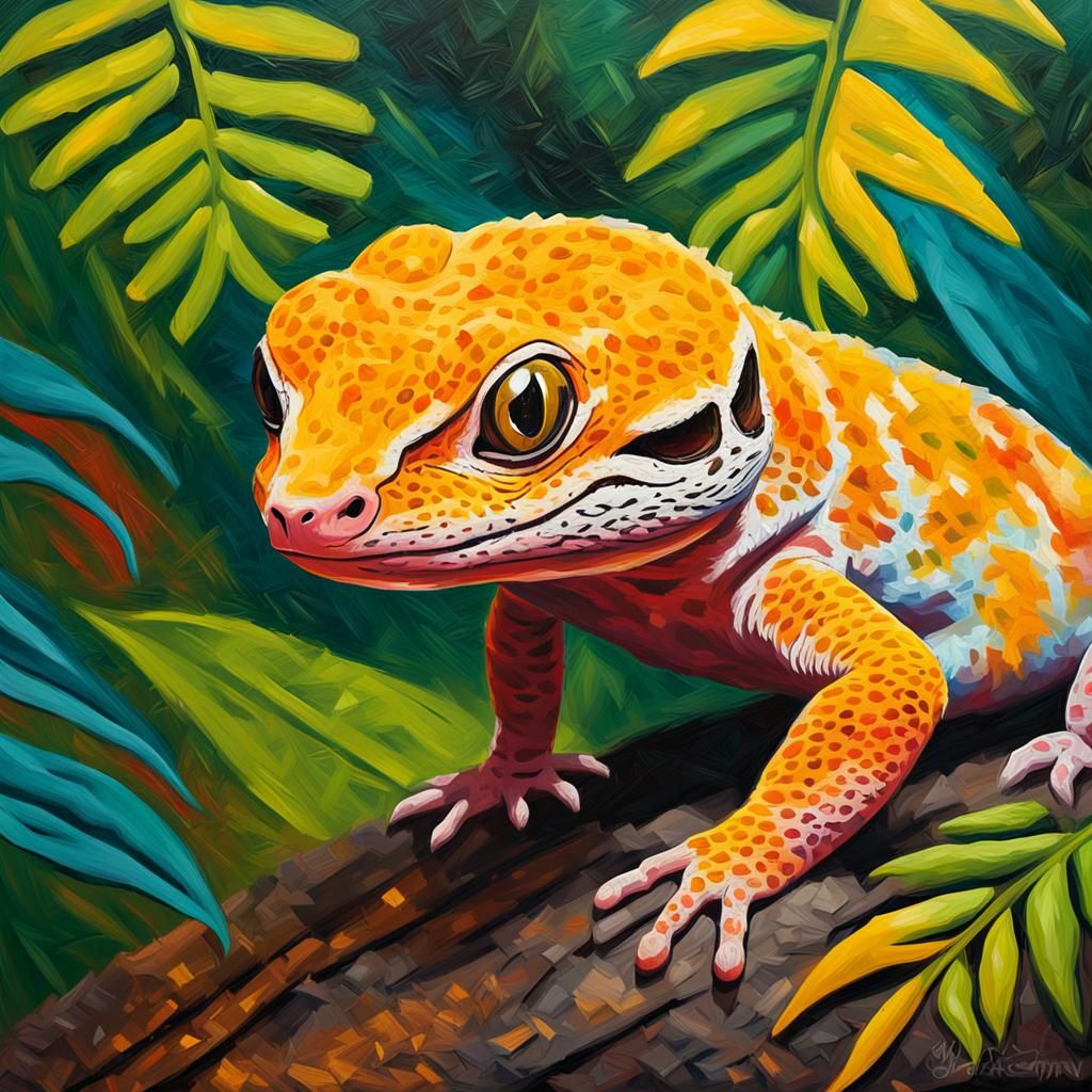 Leopard Gecko in Jungle, Impasto Oil Painting