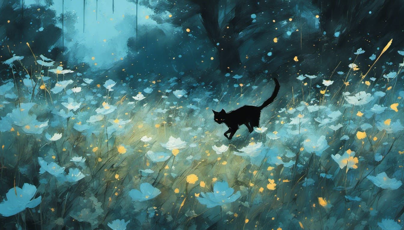 Black Cat Hunting in a Cosmic Flower Meadow