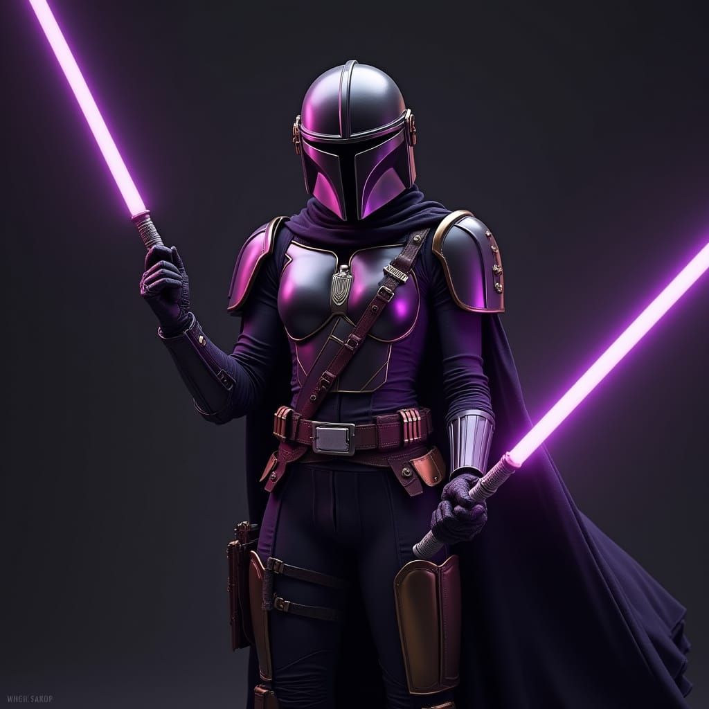 Mandalorian Girl in Cyberpunk Armor with Vibrant Lightsaber