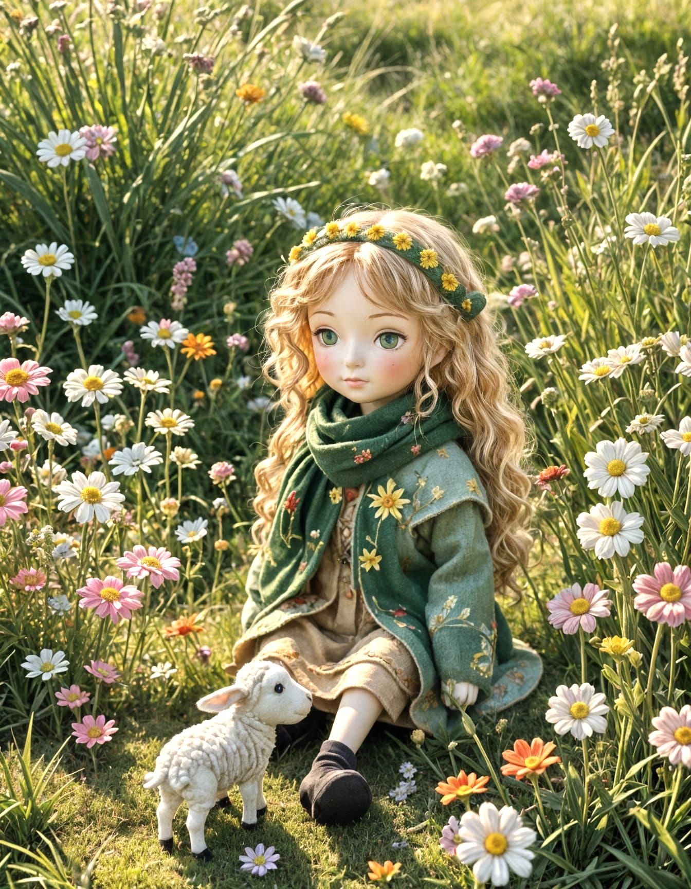 Wide-Eyed Waldorf Doll in Anime Grass