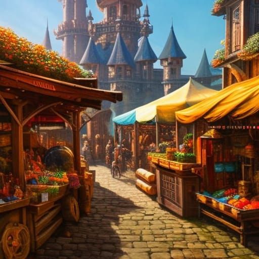 Bustling Medieval Market District in Expressionist Style