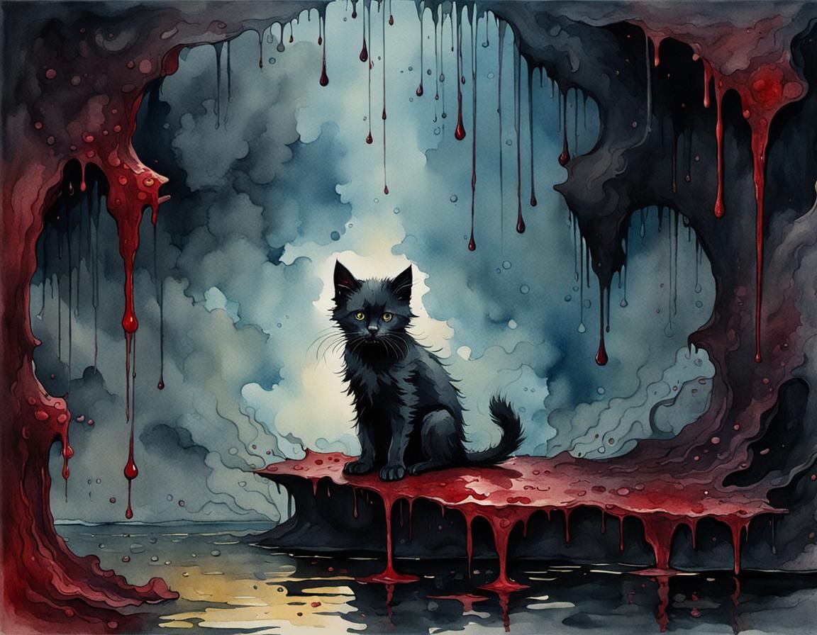 Abstract Watercolor Kitten in Crimson Shadows