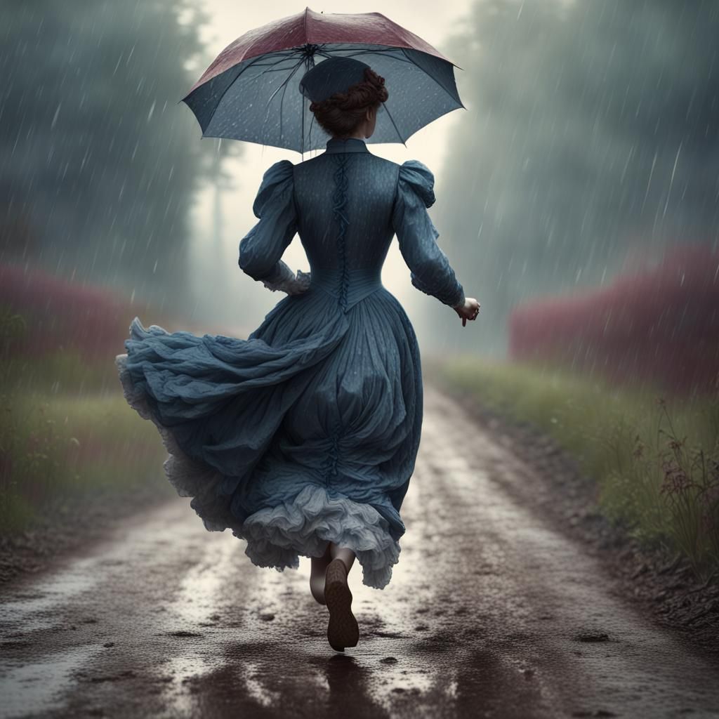 Girl in Edwardian Dress Runs in the Rain