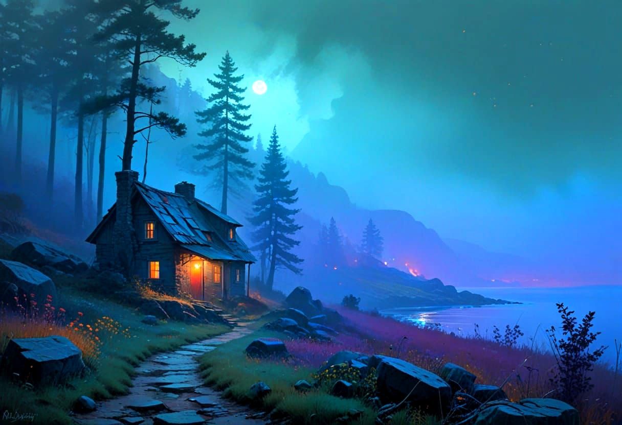 Vivid Mists Cover Rustic Cottage, as Oil Painting