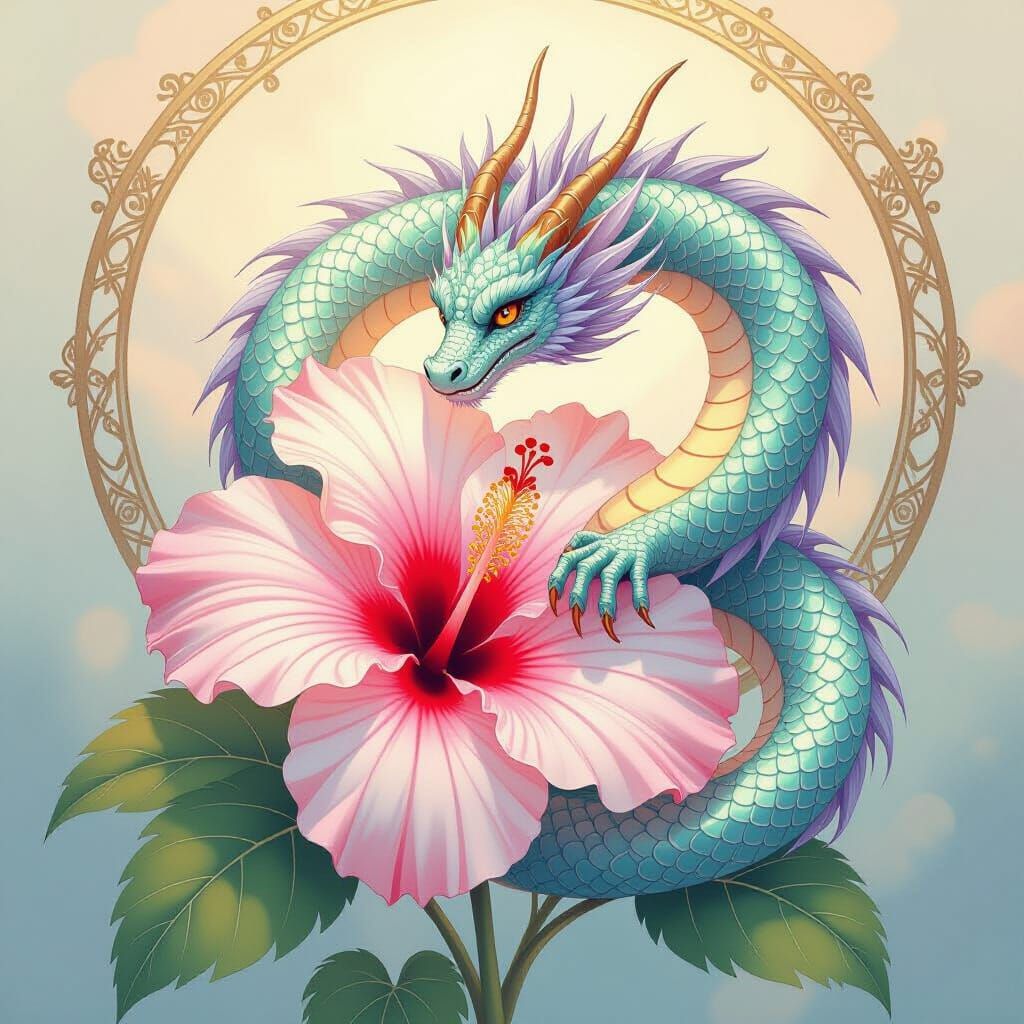 Crystal Dragon Coiled Around Hibiscus Flower in Watercolor S...