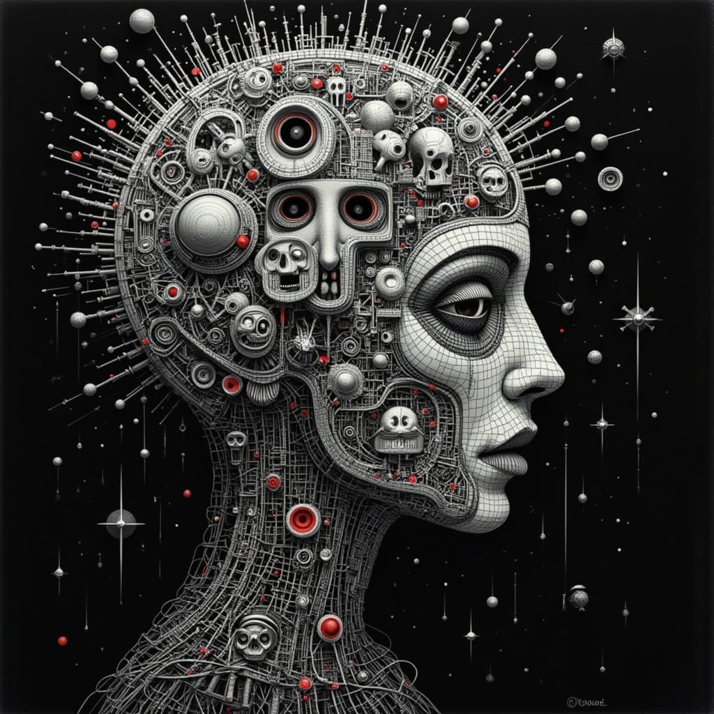 Surreal Mindscape of Faces in ASCII Binary Code