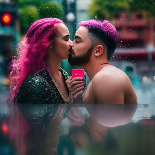 Steampunk Kiss in the Rain: Hyperrealistic Image
