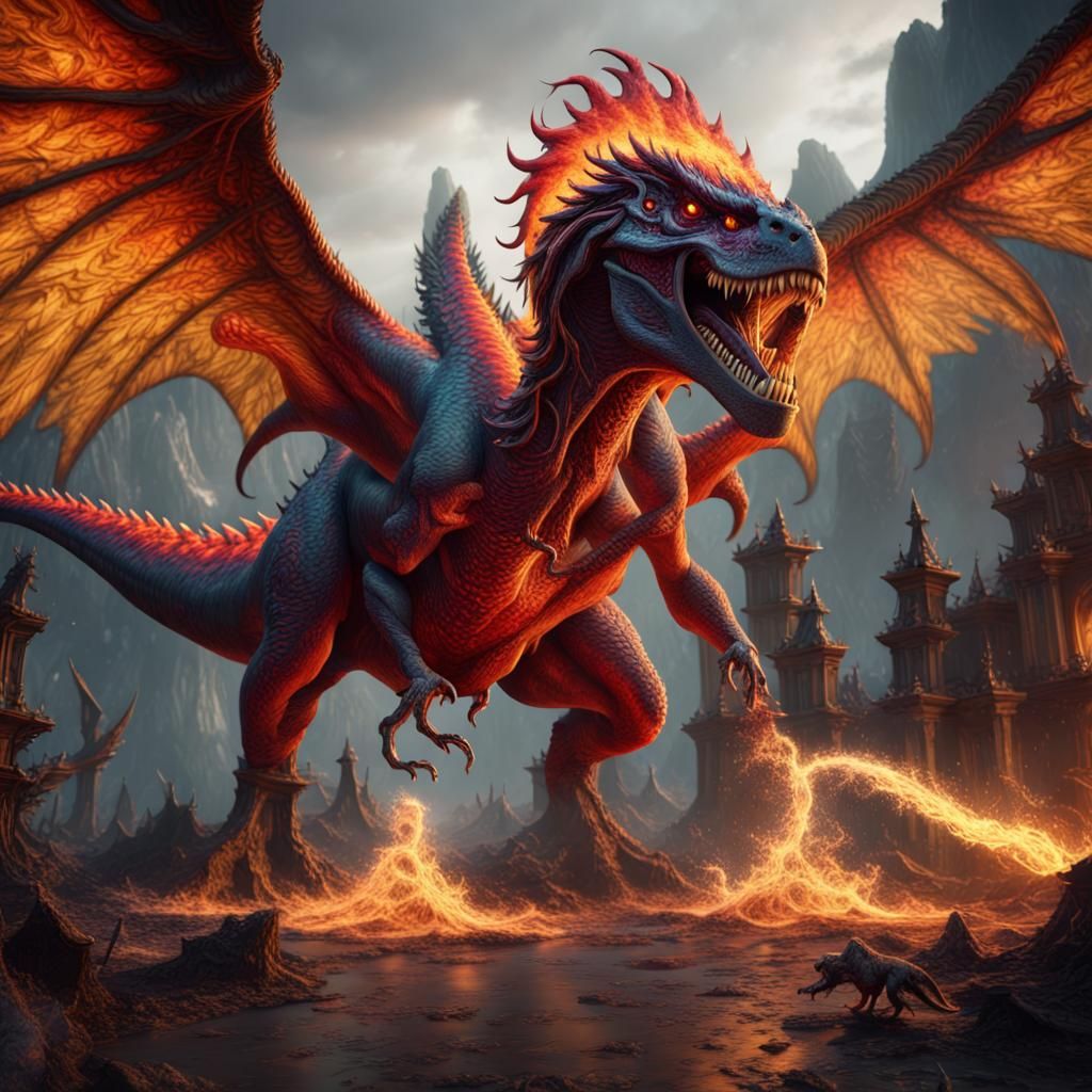 Demonic Phoenix T-Rex: Detailed Matte Painting